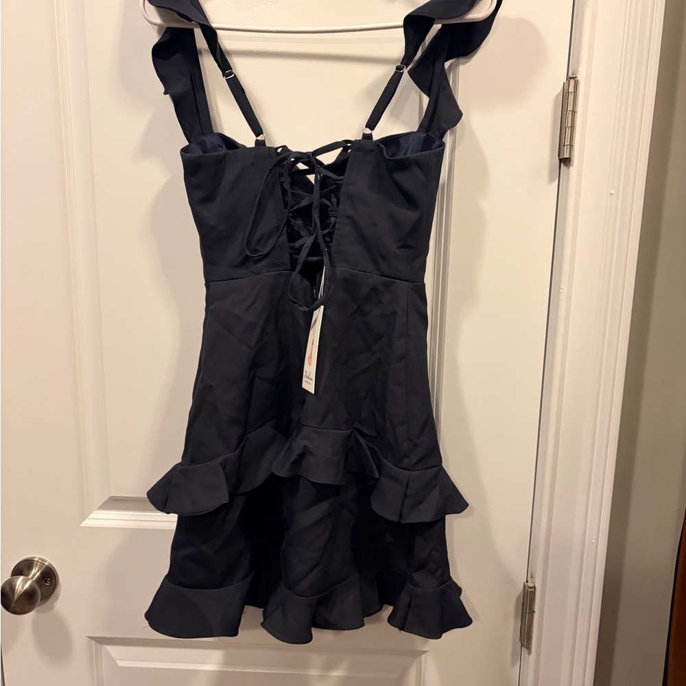 Elegant Navy Ruffle Mini Dress - Picture 2 of 5